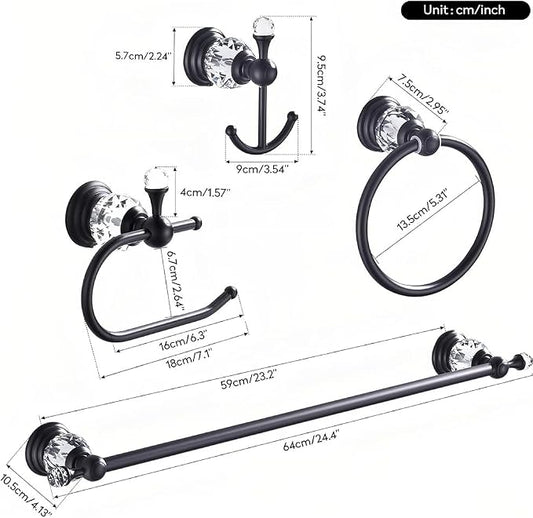 Black Crystal Bathroom Hardware Adjustable 24 Inch Towel Bar Set Toilet Paper Holder Towel Ring Coat Hooks Bathroom Accessories 4 Pieces Wall Mounted