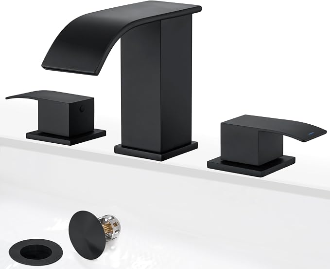 8 Inch Waterfall Bathroom Faucets - 3 Hole Widespread Bathroom Faucet with Pop-up Drain, Bathroom Sink Faucet, Modern Vanity Sink faucets with Supply Lines, Matte Black, JJL-3JT-PB-B-DXS-X