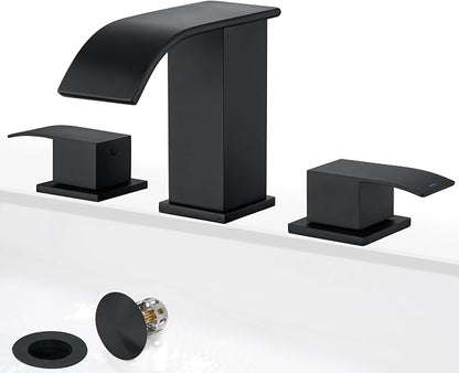 8 Inch Waterfall Bathroom Faucets - 3 Hole Widespread Bathroom Faucet with Pop-up Drain, Bathroom Sink Faucet, Modern Vanity Sink faucets with Supply Lines, Matte Black, JJL-3JT-PB-B-DXS-X