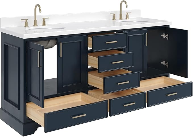 ARIEL Stafford 72-inch Bathroom Vanity with Sink,Solid Wood, 1.5-inch Pure White Quartz Countertop & Backsplash, Double Oval Porcelain Sink, 4 Soft Closing Doors, 6 Dovetail Drawers, Midnight Blue