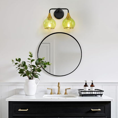 Black and Gold Bathroom Vanity Light 2-Lights Bathroom Light Fixtures Over Mirror with Green Clear Glass Shade 14 inch Wall Sconce Lighting Bath(Exclude E26 Bulb)