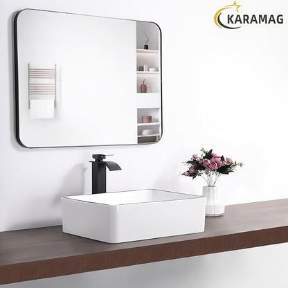 White Vessel Sink,Rectangle 19"x15" Bathroom Sink Above Counter Porcelain Ceramic Small Sink Bowl Ceramic Vessel Sinks for Bathrooms