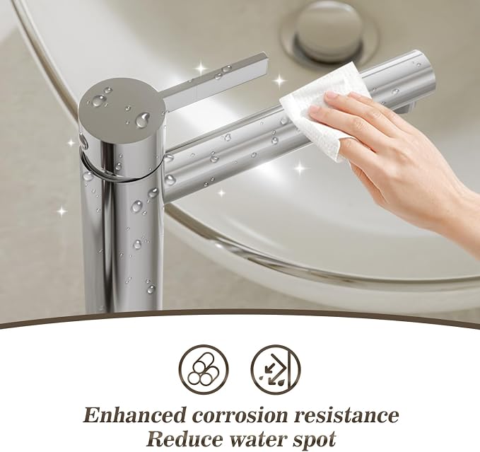 Chrome 1 Hole Tall Bathroom Vessel Sink Faucet, Single Hole Single Handle High Bathroom Faucet, with Pop Up Drain and Water Supply Line,FH01-C-V