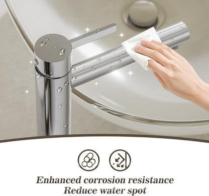 Chrome 1 Hole Tall Bathroom Vessel Sink Faucet, Single Hole Single Handle High Bathroom Faucet, with Pop Up Drain and Water Supply Line,FH01-C-V