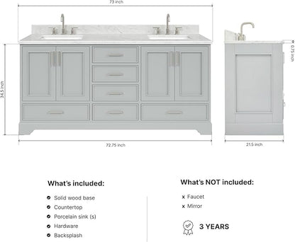 ARIEL Stafford 72-inch Bathroom Vanity with Sink,Solid Wood, 0.75-inch Italian Carrara Marble Countertop, Double Rectangular Porcelain Sink, 4 Soft Closing Doors, 6 Dovetail Drawers, Grey