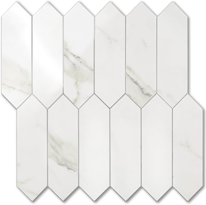 Vamos Tile 1 Sheet Glossy White Marble Backsplash Tile Peel and Stick, 12.8 x 12.8 Inch Long Hexagon PVC Self Adhesive Mosaic Wall Tiles Stick on Backsplash for Kitchen and Bathroom