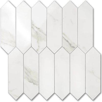 Vamos Tile 1 Sheet Glossy White Marble Backsplash Tile Peel and Stick, 12.8 x 12.8 Inch Long Hexagon PVC Self Adhesive Mosaic Wall Tiles Stick on Backsplash for Kitchen and Bathroom