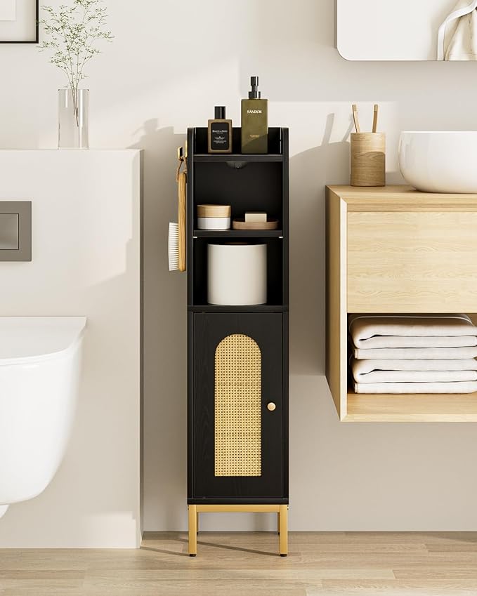 Bathroom Storage Cabinet, Small Corner Floor Hutch with 2Hooks,Narrow Toilet Paper Cabinet with Rattan Door,Bathroom Organizer with Adjustable Shelf, for Small Spaces(Classic-Rattan, Black)