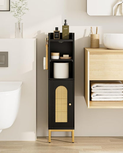 Bathroom Storage Cabinet, Small Corner Floor Hutch with 2Hooks,Narrow Toilet Paper Cabinet with Rattan Door,Bathroom Organizer with Adjustable Shelf, for Small Spaces(Classic-Rattan, Black)