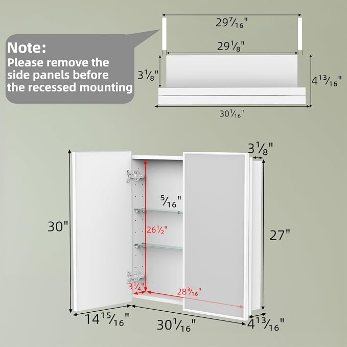 Buruis 30 x 30 Inch Framed Medicine Cabinet Mirror, Recessed/Wall Mounted | Fully Assembled, Fits 29-5/16 x 27-3/16 Inch Rough Opening, Adjustable Glass Shelves, Soft-Close Hinges, White