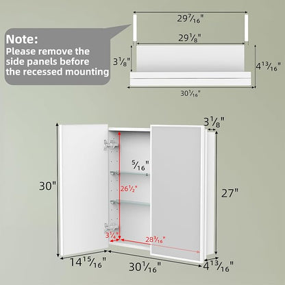 Buruis 30 x 30 Inch Framed Medicine Cabinet Mirror, Recessed/Wall Mounted | Fully Assembled, Fits 29-5/16 x 27-3/16 Inch Rough Opening, Adjustable Glass Shelves, Soft-Close Hinges, White