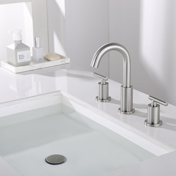 Widespread Bathroom Faucet with Sink Drain and Supply Hose, Brushed Nickel 3 Hole Faucet for Bathroom Sink, ChiLDano Satin Nickel 2 Handle Bathroom Faucet CH2183BN