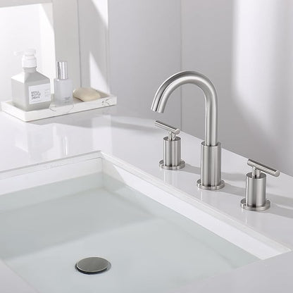 Widespread Bathroom Faucet with Sink Drain and Supply Hose, Brushed Nickel 3 Hole Faucet for Bathroom Sink, ChiLDano Satin Nickel 2 Handle Bathroom Faucet CH2183BN