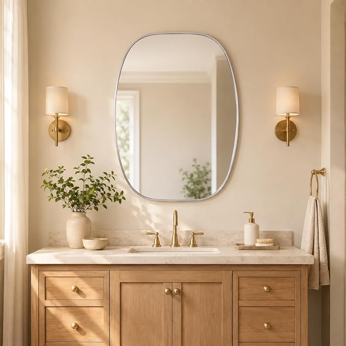 Silver Oval Bathroom Mirrors 24x32 Inch | Oblong Vanity Mirror, Crystal-Clear HD Glass, Rust-Proof Aluminum Frame, Inner-Curved Decor for Bedroom, Entryway