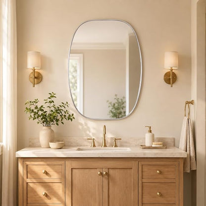 Silver Oval Bathroom Mirrors 24x32 Inch | Oblong Vanity Mirror, Crystal-Clear HD Glass, Rust-Proof Aluminum Frame, Inner-Curved Decor for Bedroom, Entryway