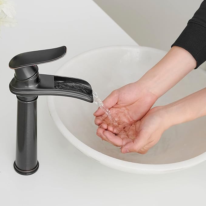 BWE Bathroom Vessel Sink Faucet Waterfall Spout Single Handle One Hole Oil Rubbed Bronze Tall Vessel Lavatory Vanity Faucet with Pop Up Drain Assembly and Supply Hose