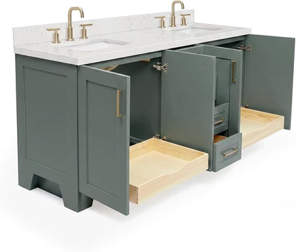 ARIEL Taylor 72-inch Bathroom Vanity with Sink,Solid Wood, 1.5-inch Carrara White Quartz Countertop, Double Rectangular Porcelain Sink, Soft Closing Doors, Dovetail Drawers, Vintage Green