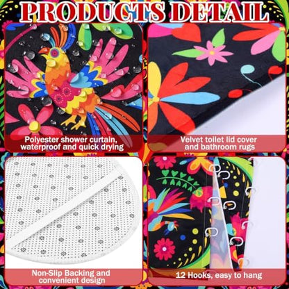 FuWeave 8 Pcs Mexico Floral Shower Curtain Set for Bathroom Decor Include Mexican Folk Art Floral Bird Shower Curtain Towels Non Slip Rugs Toilet Lid Cover Colorful Bohemian Bath Mat and 12 Hooks