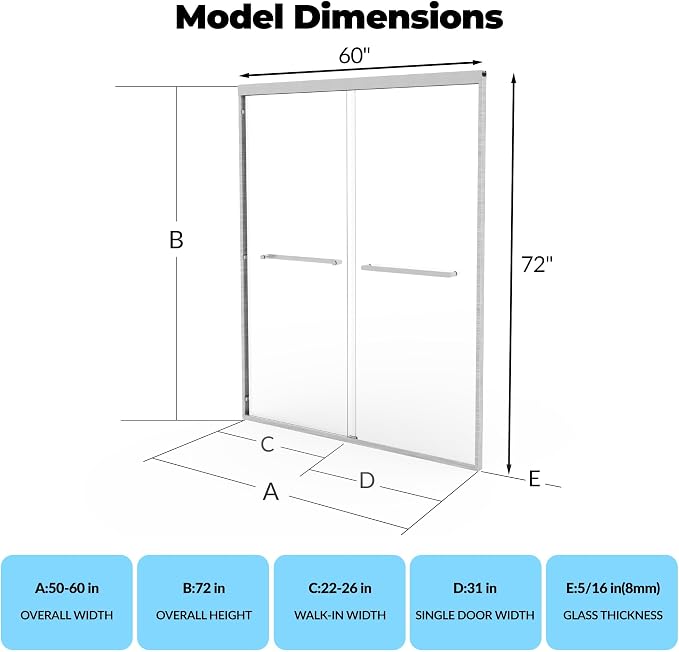 50-60" W x 72" H Aluminum Alloy Sliding Shower Door, Dual 5/16" (8mm) Tempered Glass with Easy-Clean Coating, Brushed Nickel Frameless Bypass Door for Bathroom Remodel