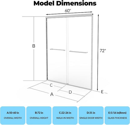 56"-60" w x 72" H Double Sliding Shower Door, Semi-Frameless Bypass Bathroom Door with 5/16" Tempered Glass,Silver Finish for Walk-in Shower