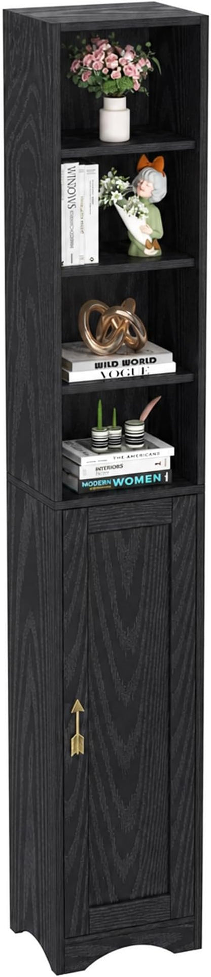 VECELO Narrow Tall Cabinet with Closed Door, 6 Adjustable Movable Shelves, Wood Space Saving Corner Storage Unit, Sleek Black