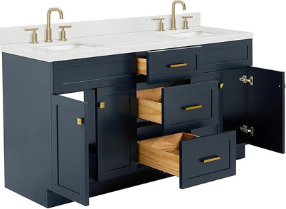 ARIEL Hamlet 66-inch Bathroom Vanity with Sink,Solid Wood, 1.5-inch Carrara White Quartz Countertop, Double Rectangular Porcelain Sink, 4 Soft Closing Doors, 3 Dovetail Drawers, Midnight Blue