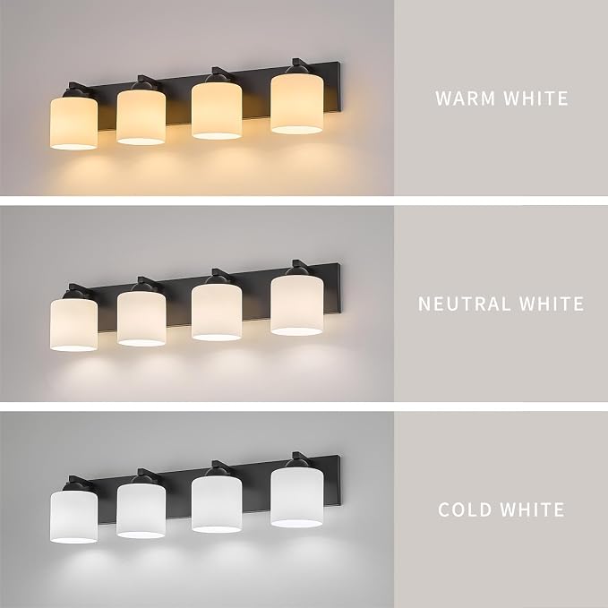 mirrea 4-Light Black Bathroom Vanity Light with White Glass Shades | makeup vanity illumination grooming station light over-sink wall lamp renovate remodel refresh decorate