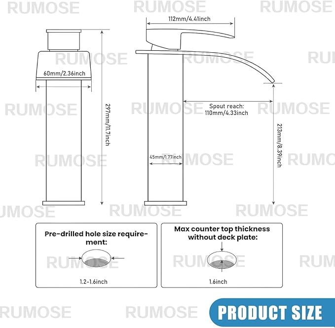 RUMOSE Tall Brushed Nickel Bathroom Faucet with Pop Up Drain Modern Single Handle One Hole Bathroom Vessel Sink Faucet Waterfall Spout Rv Lavatory Vanity Faucet Deck Mount Mixer Tap, Stainless Steel