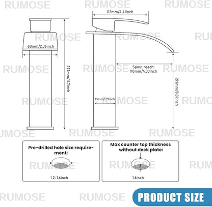 RUMOSE Tall Brushed Nickel Bathroom Faucet with Pop Up Drain Modern Single Handle One Hole Bathroom Vessel Sink Faucet Waterfall Spout Rv Lavatory Vanity Faucet Deck Mount Mixer Tap, Stainless Steel