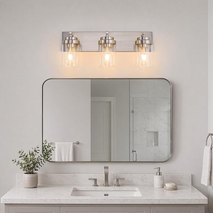 3-Light Bathroom Light Fixtures, Brushed Nickel Vanity Lights | Modern Bathroom Lighting Fixtures Over Mirror, Vanity Lights for Bathroom, Mirror, Restroom, Bedroom, E26