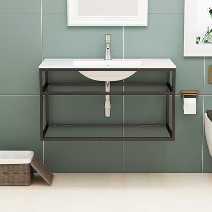 wonline 36" Bathroom Vanity Metal Frame with Sink Top, Floating Vanity with Open Shelf, Modern Wall Mounted Bathroom Cabinet Set with White Sink