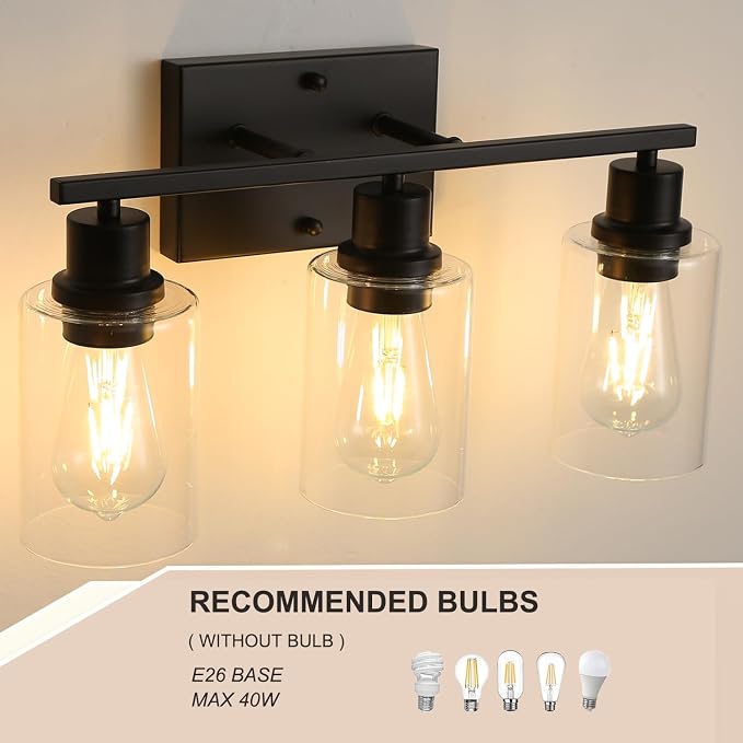 Farmhouse Vanity Light Fixtures,3-Lights Matte Black Bathroom Illumination,Matte Black Vintage Wall Sconces with Clear Glass Shades, Modern Wall Lighting for Mirror,Bedroom,Living Room