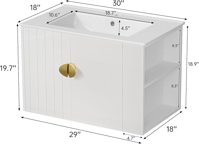 30 Inch Floating Vanity Bathroom with Sink, White Painted Bathroom Vanity Cabinet Combo with Ceramics Sink Top, Soft Close Cabinet Door & Open Storage Right Shelf, Modern Wall Mounted Vanity