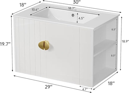 30 Inch Floating Vanity Bathroom with Sink, White Painted Bathroom Vanity Cabinet Combo with Ceramics Sink Top, Soft Close Cabinet Door & Open Storage Right Shelf, Modern Wall Mounted Vanity