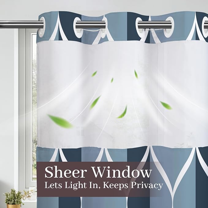 Gelbchu Aegean Blue No Hook Shower Curtain with Snap-in Liner, 71 x 80 Inch | Built-In Hooks, Mesh Top Window, Water-Repellent, Machine Washable, Quick Drying, Premium Polyester, Hotel Style, Modern