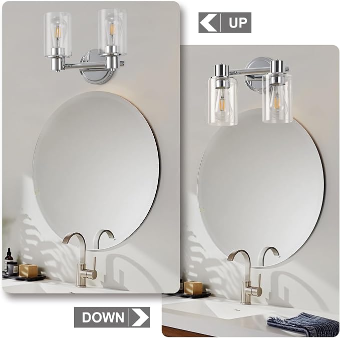 2 Light Bathroom Wall Sconce Light Fixtures with Clear Glass Bathroom Wall Lights Over Mirror Vanity Lights Chrome with E26 Base