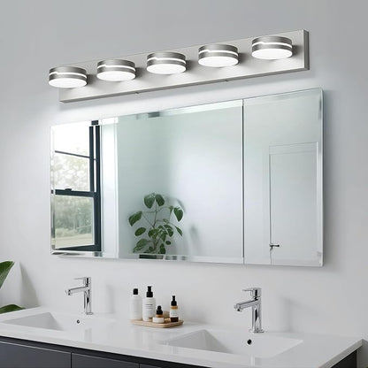 LED Modern Bathroom Lights Fixtures 5-Light Dimmable Nickel Acrylic Wall Lighting,Vanity Lights for Bathroom Over Mirror 5500k