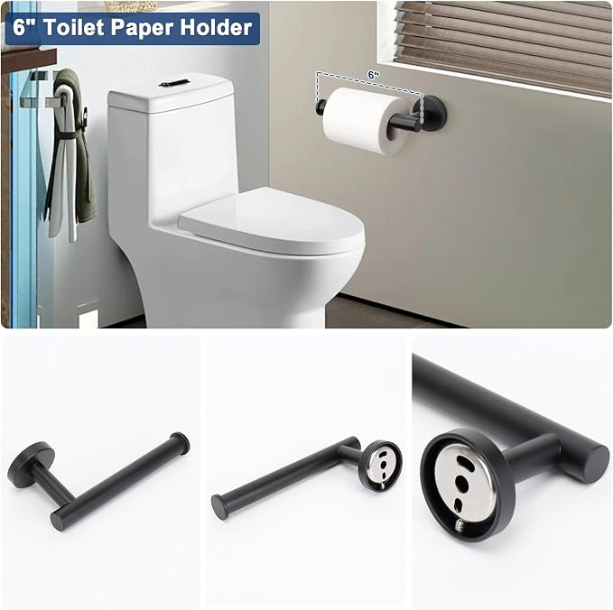 NearMoon 10 Pieces Bathroom Hardware Set SUS304 Thicken Stainless Steel-Towel Rack Kit Include 24" Towel Rod + Bath Towel Ring + Toilet Paper Holder + Robe Towel Hooks Bath Accessories (Matte Black)
