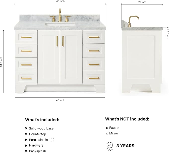 Emilia 48-Inch Bathroom Vanity with Sink — White Single Sink Bathroom Vanity, 1.5" Edge Italian Carrara Marble Top, Solid Wood, 2 Soft Closing Doors, 9 Dovetail Drawers