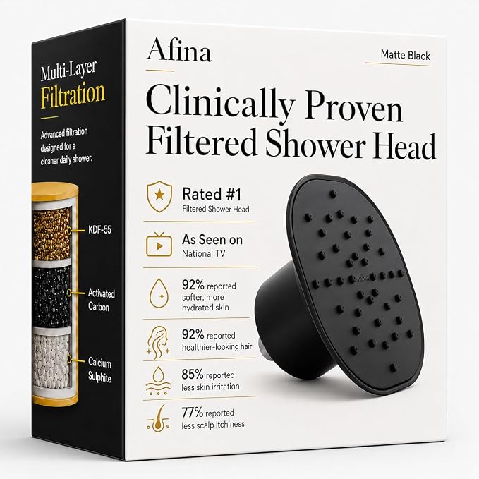 Afina Filtered Shower Head, High Pressure Rainfall (Matte Black) | KDF-55 Shower Filter & Water Filter Showerhead for Hard Water, Reduces Chlorine for Softer Skin & Hair