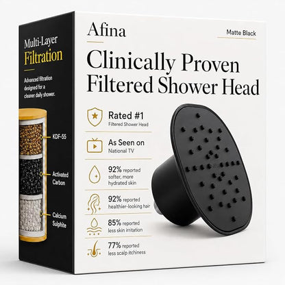 Afina Filtered Shower Head, High Pressure Rainfall (Matte Black) | KDF-55 Shower Filter & Water Filter Showerhead for Hard Water, Reduces Chlorine for Softer Skin & Hair