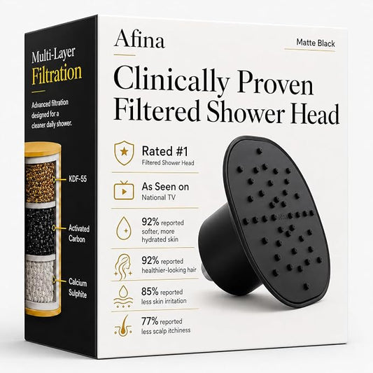 Afina Filtered Shower Head, High Pressure Rainfall (Matte Black) | KDF-55 Shower Filter & Water Filter Showerhead for Hard Water, Reduces Chlorine for Softer Skin & Hair
