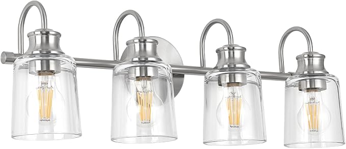 4 Lights Bathroom Light Fixtures Brushed Nickel Vanity Lights | ETL Certificate, Easy to Install,Wall Mount Up or Down,Thickened Glass Lampshade,E26 Socket,Hardwired