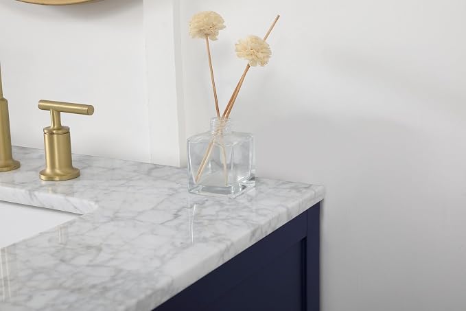 72" Pre-Assembled Bathroom Vanity with Sink, Solid Birch and MDF, Carrara White Marble Countertop Attached, Double Rectangle Porcelain Sink, 3 Soft-Close Drawers, Blue