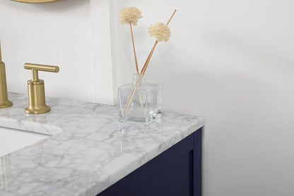 72" Pre-Assembled Bathroom Vanity with Sink, Solid Birch and MDF, Carrara White Marble Countertop Attached, Double Rectangle Porcelain Sink, 3 Soft-Close Drawers, Blue