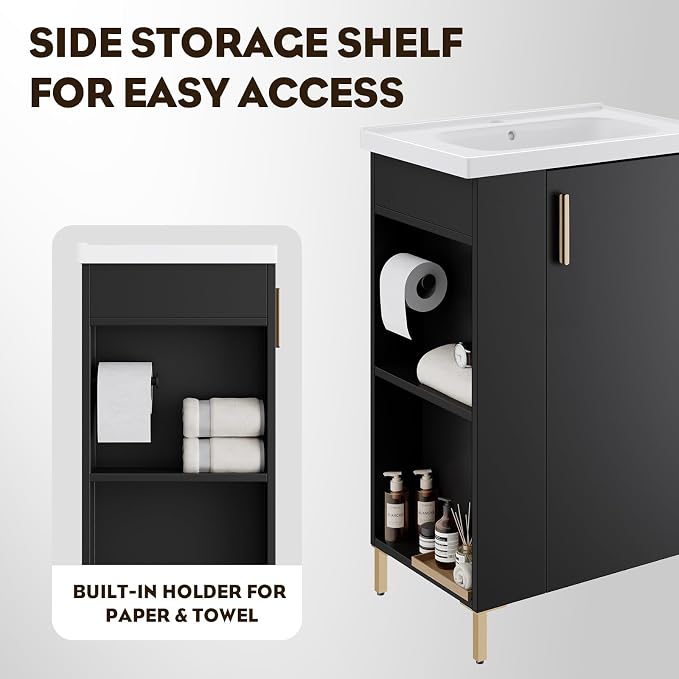 20 Inch Black Freestanding Bathroom Vanity, Pre-Assembled Bathroom Cabinet with Ceramic Sink, Soft-Close Door, Left Side Storage, Fit for Small Bathrooms, No Faucet, BV05-20-PUREBLACK-PLUS