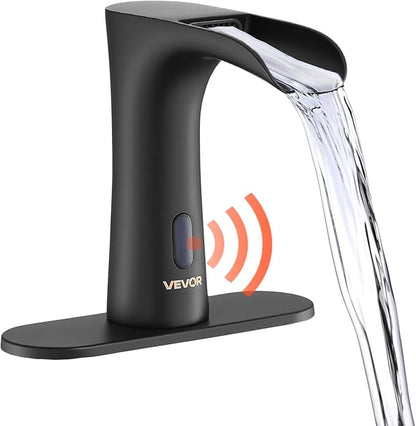 VEVOR Touchless Bathroom Sink Faucet, Automatic Motion Sensor Waterfall Restroom Toilet Faucet with Hole Cover Plate, Modern Electronic Sensor Hot/Cold Water for 9/16 in Pipe Commercial,Matte Black