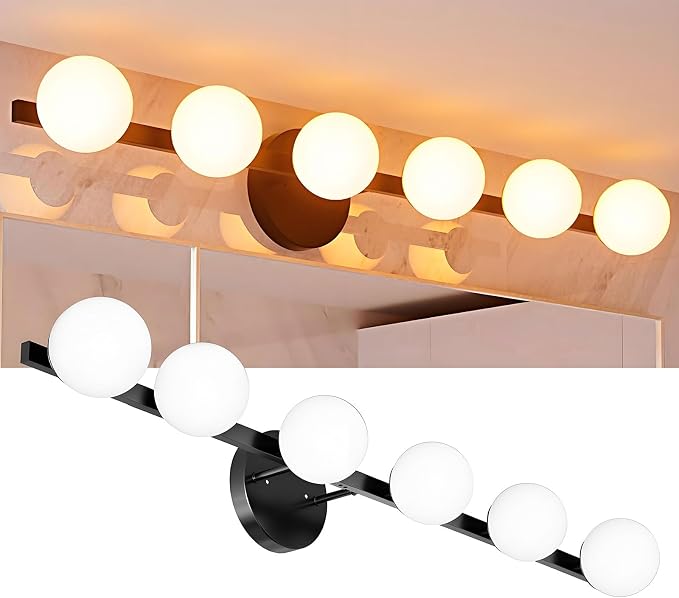 Lightdot 6 Light Bathroom Vanity Light, 38" Modern Black Vanity Lights with Globe Water/Shatterproof PC Lampshade, Rust-Proof Bathroom Light Fixtures Over Mirror for Kitchen Hallway Cabinet Porch