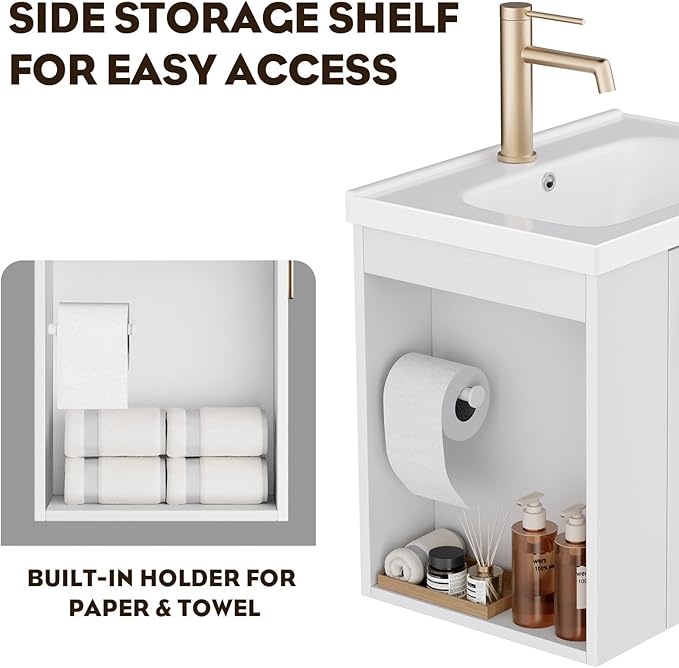 phiestina 20 Inch White Floating Small Bathroom Vanity, Pre-Assembled Wall Mounted Cabinet with Sink, Left Side Storage, Soft-Close Door, Modern Space-Saving Design, No Faucet, BV04-20-WHITE-PLUS