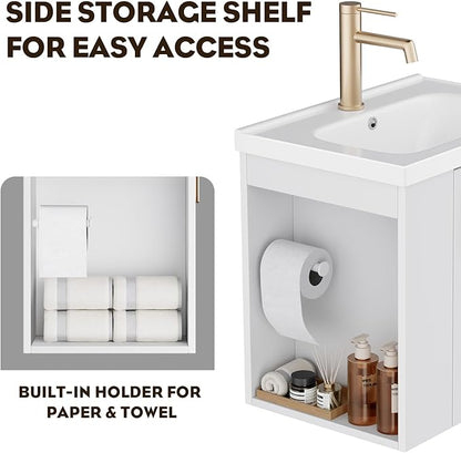 phiestina 20 Inch White Floating Small Bathroom Vanity, Pre-Assembled Wall Mounted Cabinet with Sink, Left Side Storage, Soft-Close Door, Modern Space-Saving Design, No Faucet, BV04-20-WHITE-PLUS